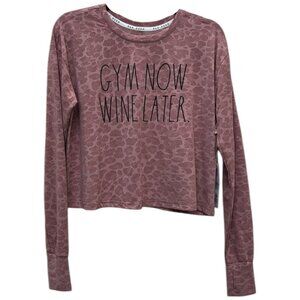 Rae DUNN  Long Sleeve Leopard Print Top Gym Now Wine Later